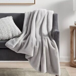 Threshold Faux Rabbit Fur Reversible Throw Blanket 50x60 Light Gray NEW